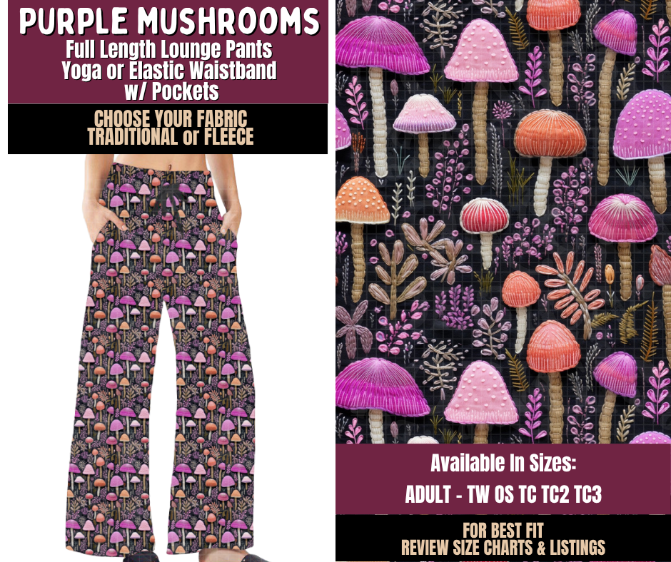 Preorder! Closes 11/11. ETA Feb. Purple Mushrooms Lounge Pants Choose Fleece or Traditional