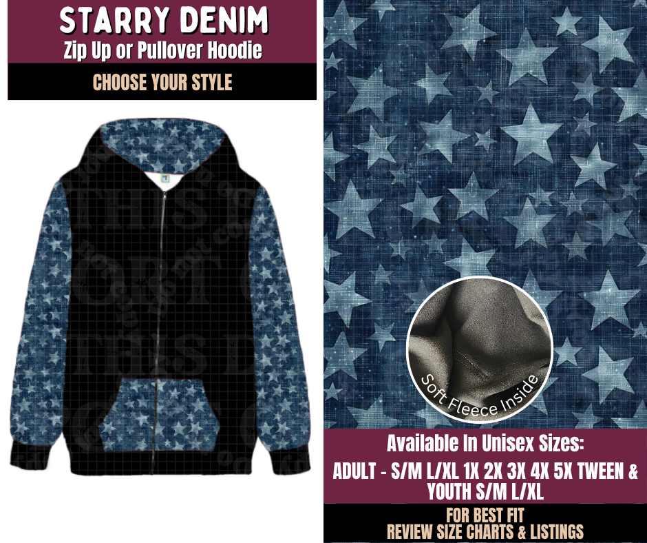 Preorder! Closes 11/11. ETA Feb. Starry Denim Zip-Up or Pullover Hoodie