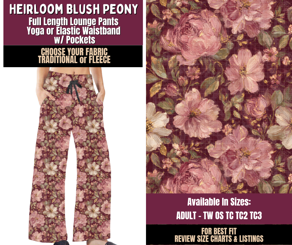 Preorder! Closes 11/11. ETA Feb. Heirloom Blush Peony Lounge Pants Choose Fleece or Traditional