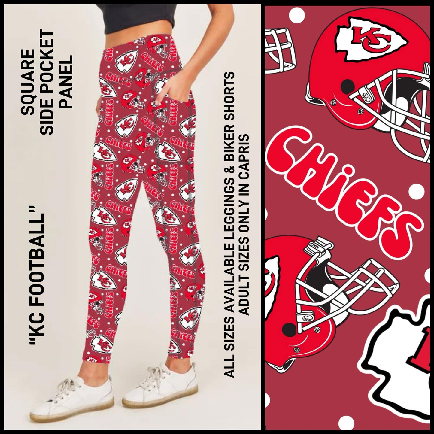RTS - Kc Football Biker/Capris/Leggings with Square Side Pocket Panel