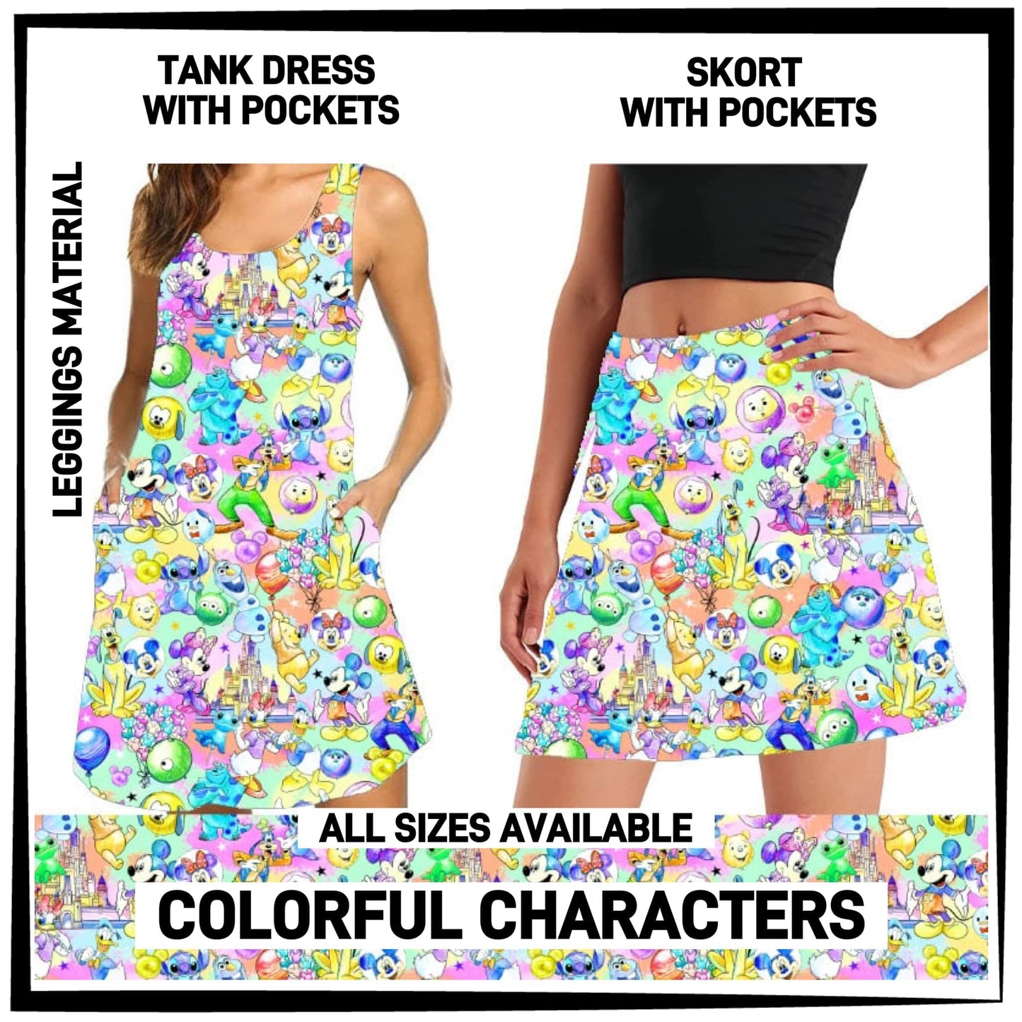 RTS - Colorful Characters Tank Dress/Skort with Side Pockets