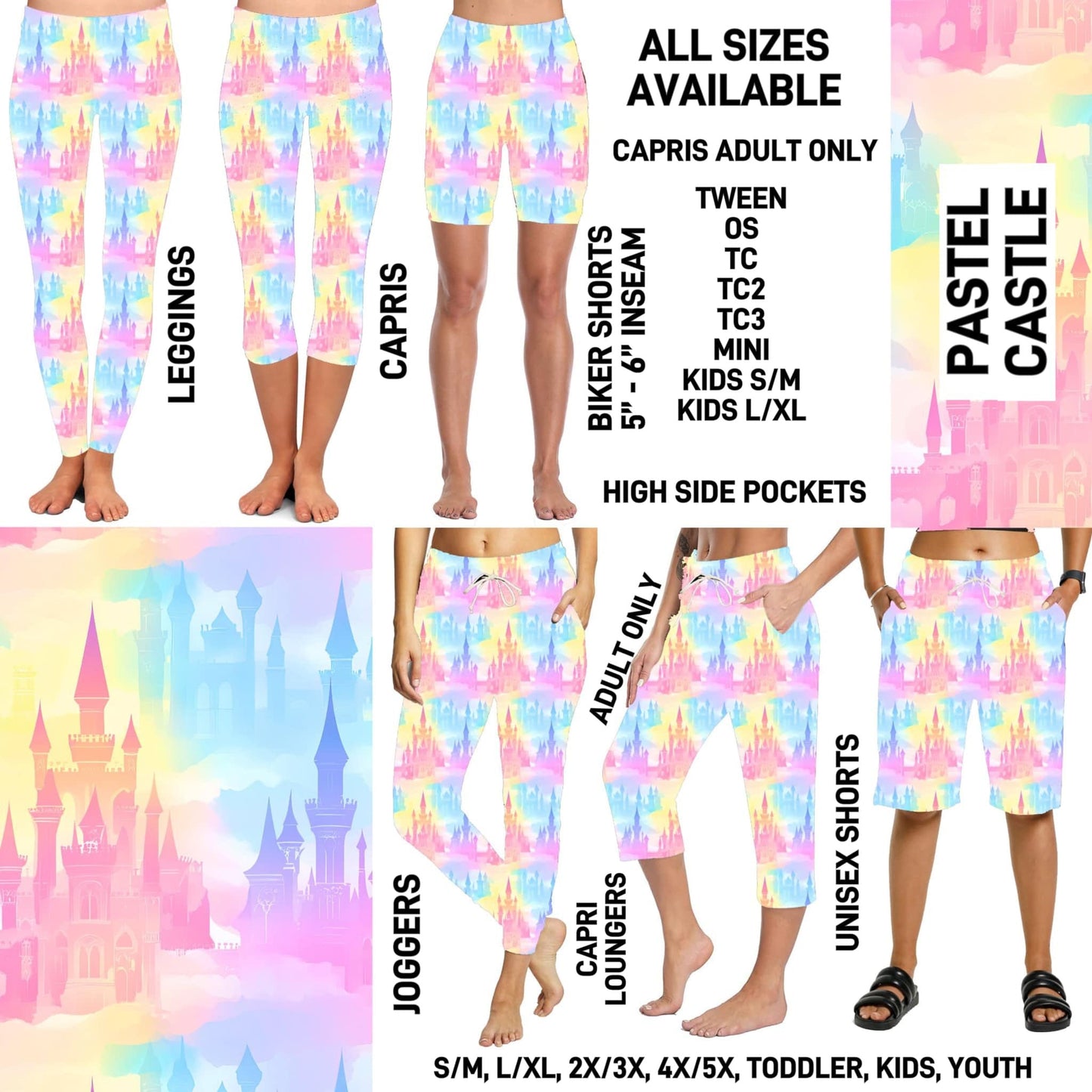 RTS - Pastel Castle Biker/Capris/Leggings with High Side Pockets