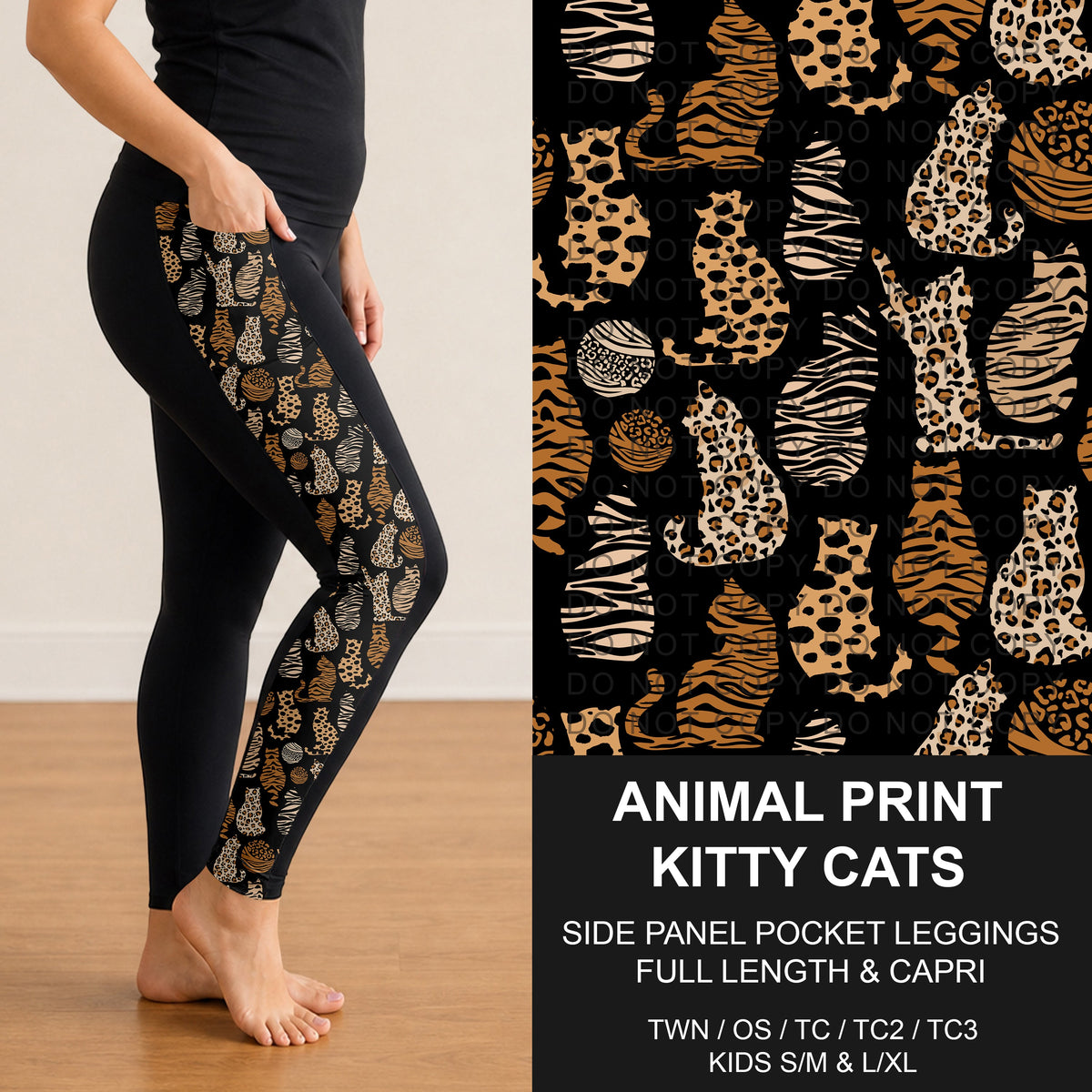 B316 - Preorder Animal Print Kitty Cats Side Panel Pocket Leggings (Closes 10/11. ETA: mid Dec.)