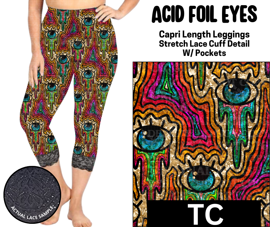 Acid Foil Eyes Lace Cuff Capris w/ Pockets