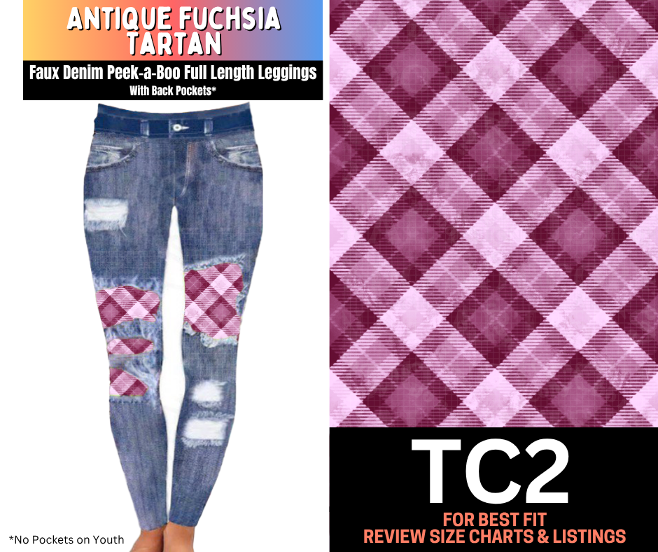 Antique Fuchsia Tartan Faux Denim Full Length Peekaboo Leggings