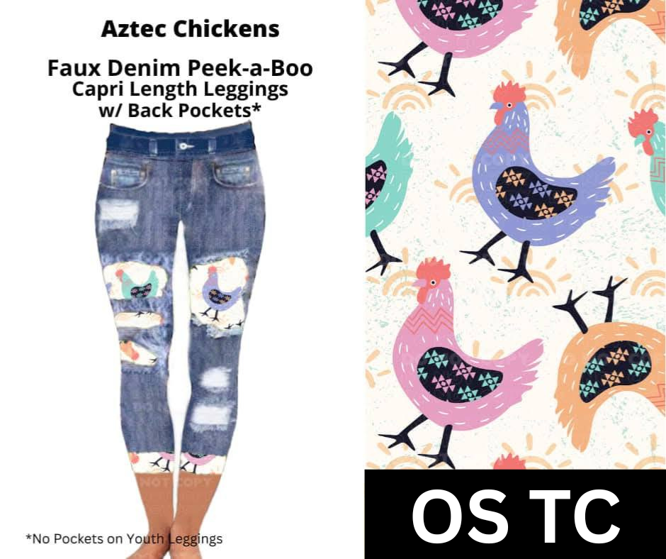 Aztec Chickens Capri Faux Denim Peekaboo