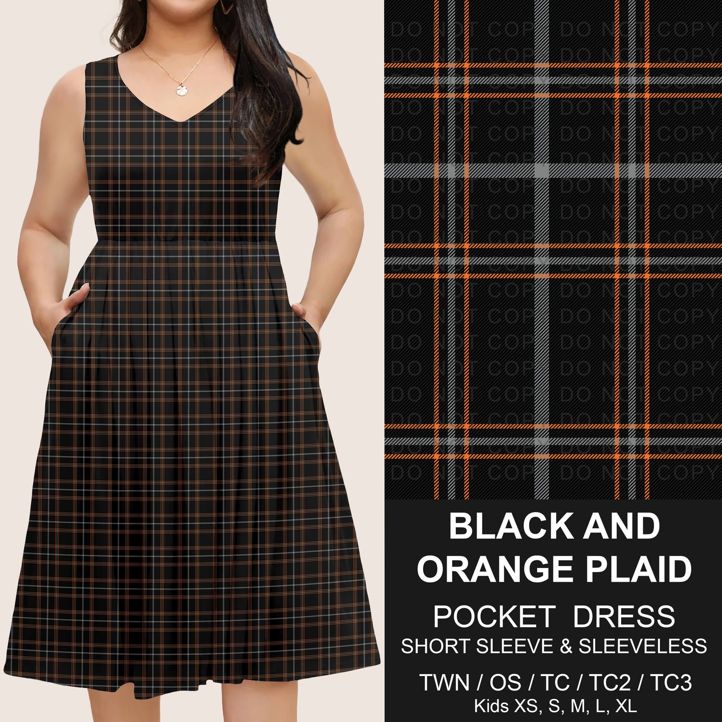 B302 - Preorder Black and Orange Plaid Pocket Dress (Closes 7/24. ETA: early Oct.)