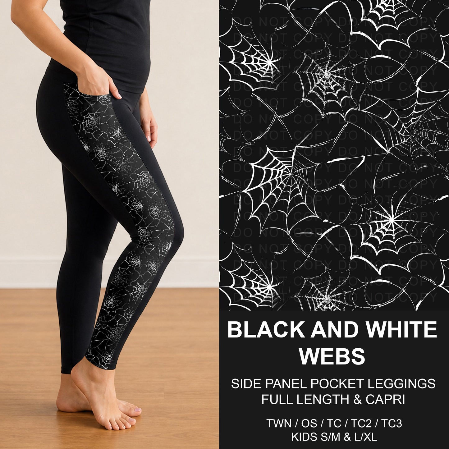 B295 - Preorder Black and White Webs Side Panel Pocket Leggings (Closes 6/14. ETA: late Aug.)
