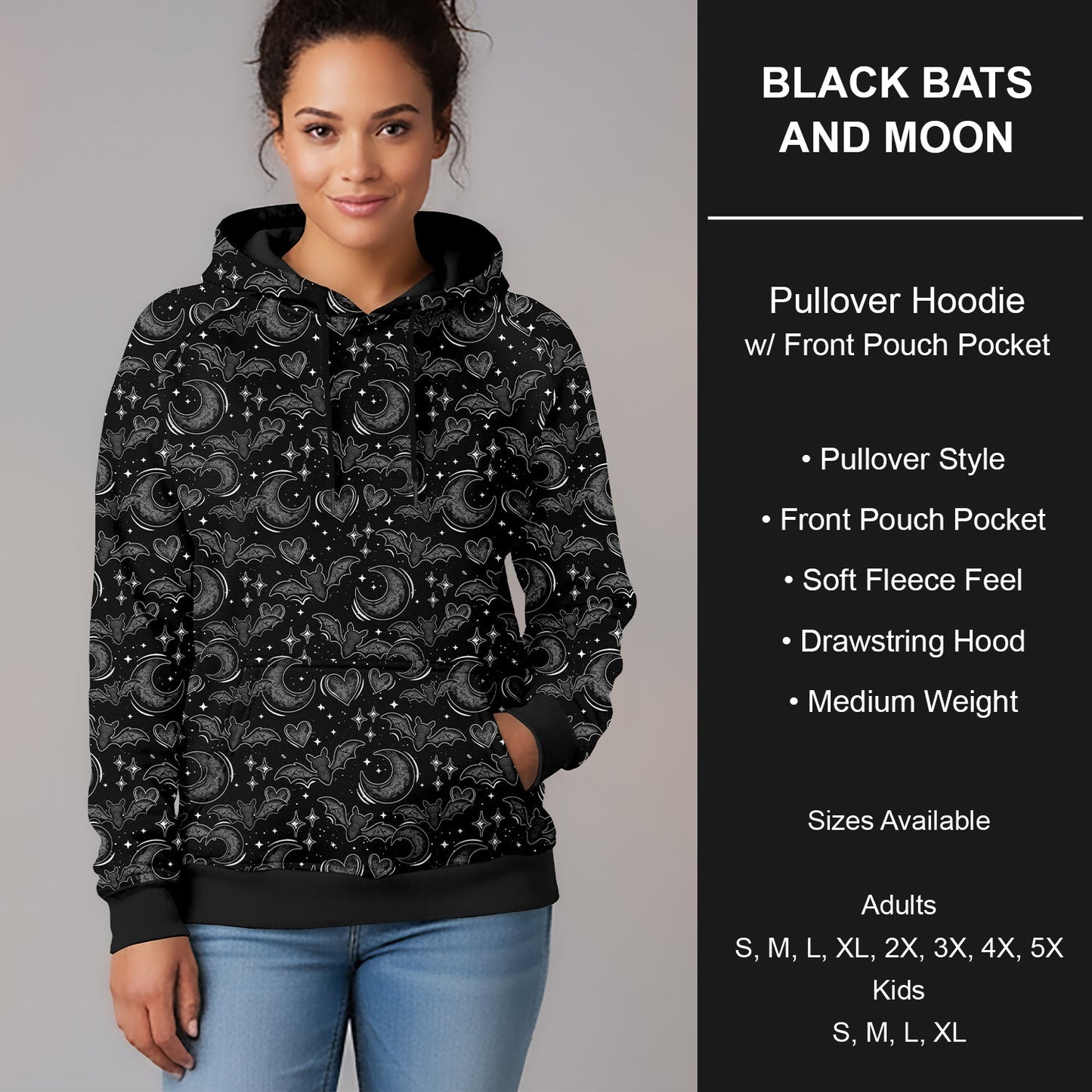 B295 - Preorder Black Bats and Moon Pullover Hoodie (Closes 6/14. ETA late Aug.)