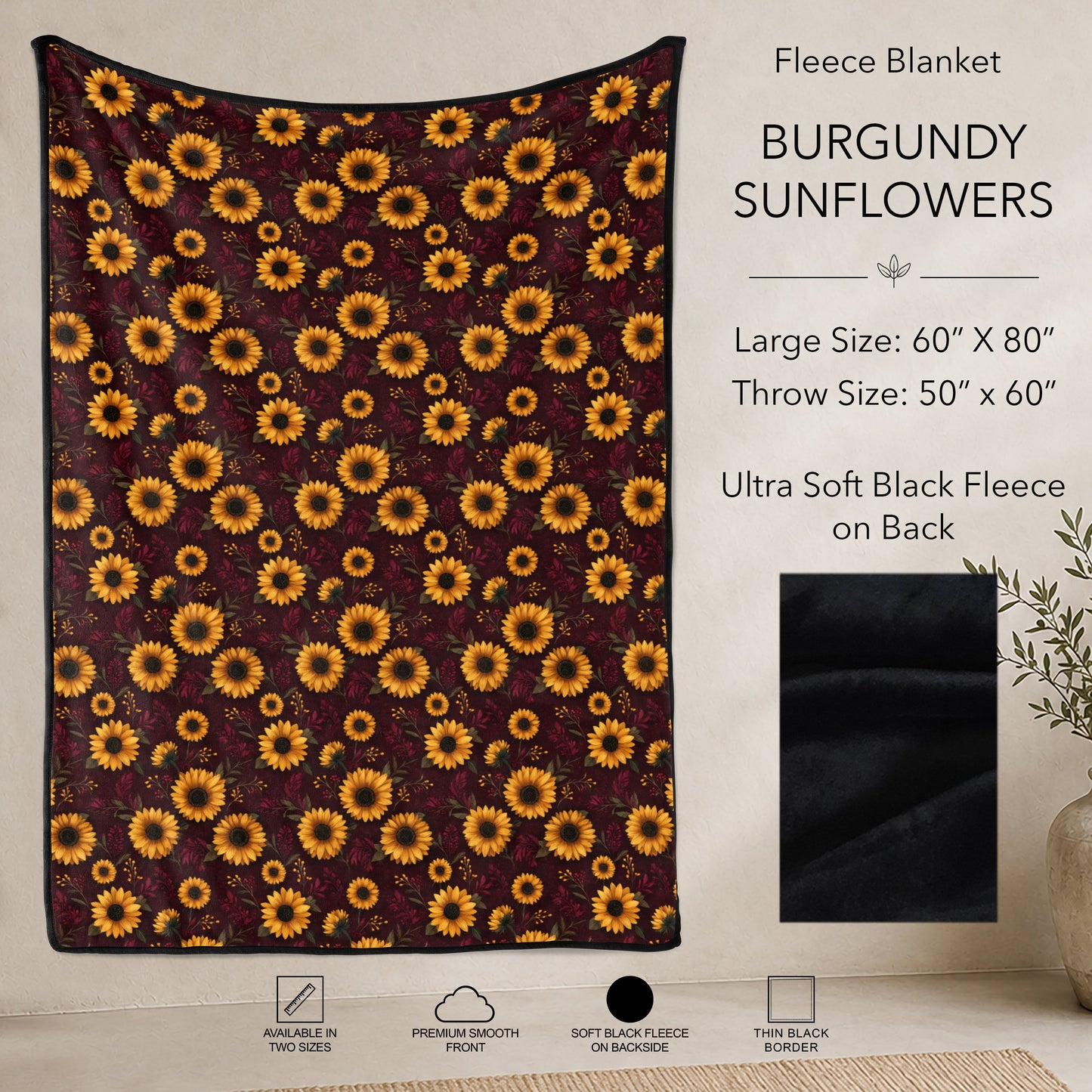 B304 - Pre-Order Burgundy Sunflowers Fleece Blanket (Closes 7/31. ETA: early Oct)