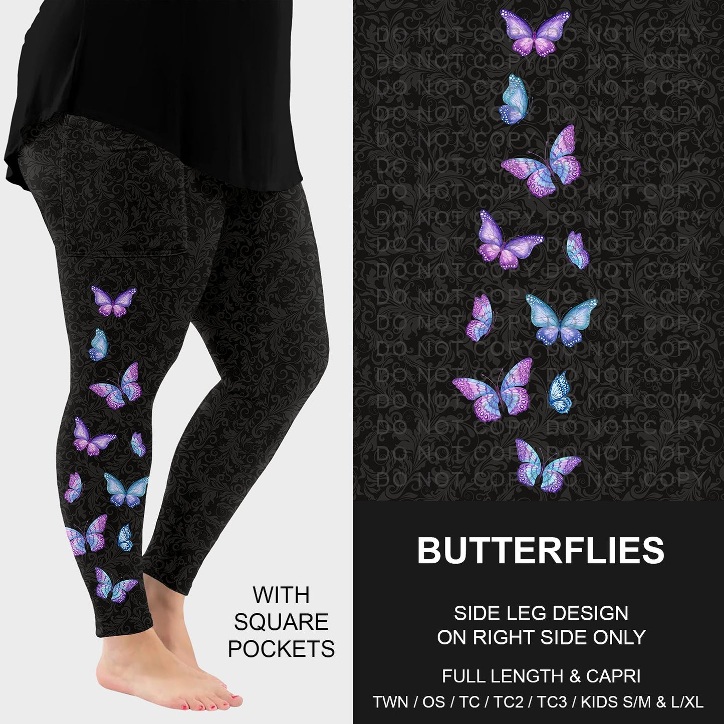 B287 - Preorder Butterflies Side Design Leggings w/ Pockets (Closes 4/26. ETA: late June)