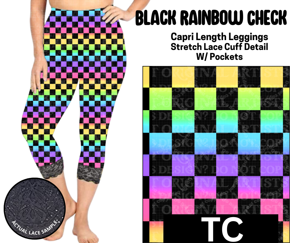 Black Rainbow Check Lace Cuff Capris w/ Pockets
