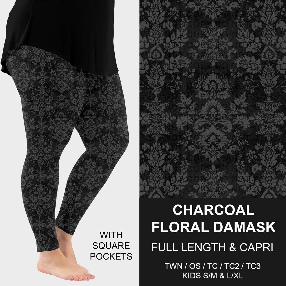 B317 - Preorder Charcoal Floral Damask Leggings w/ Pockets (Closes 10/18. ETA: late Dec.)