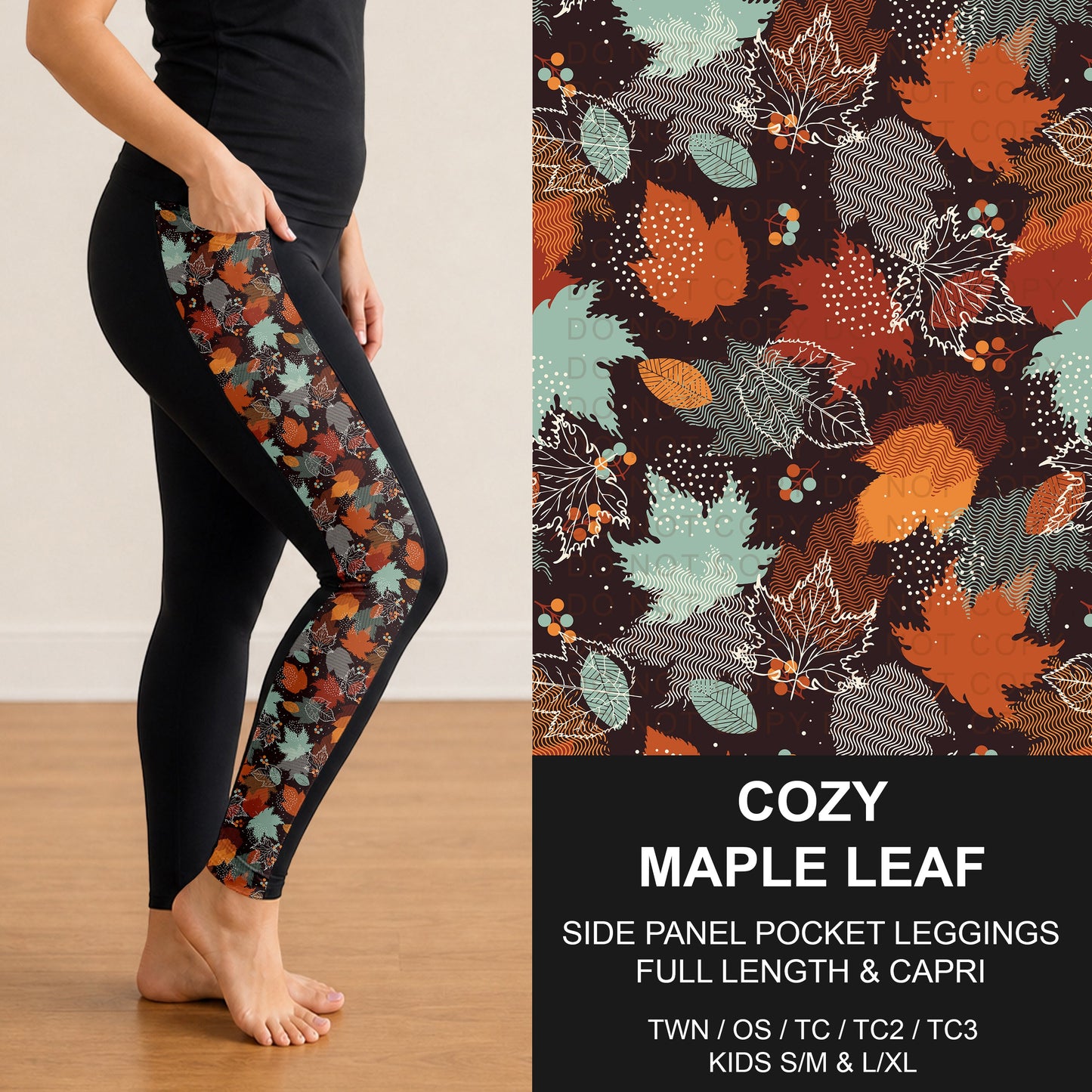 B308 - Preorder Cozy Maple Leaves Side Panel Pocket Leggings (Closes 8/16. ETA: late Oct.)