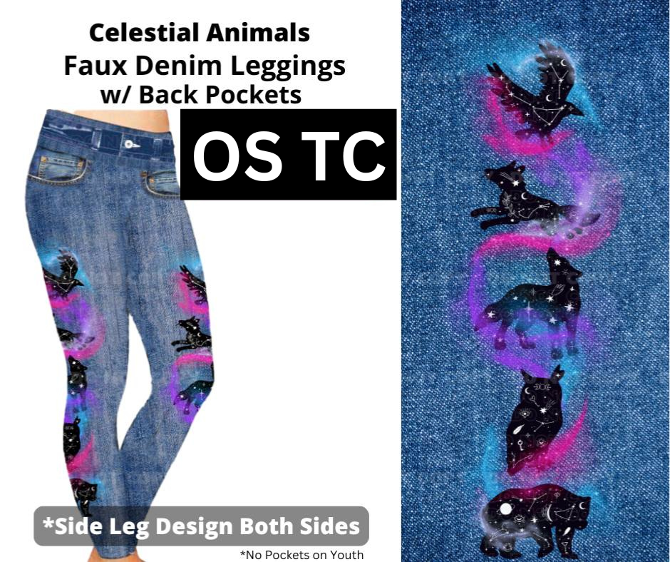 Celestial Animals Full Length Faux Denim w/ Side Leg Designs