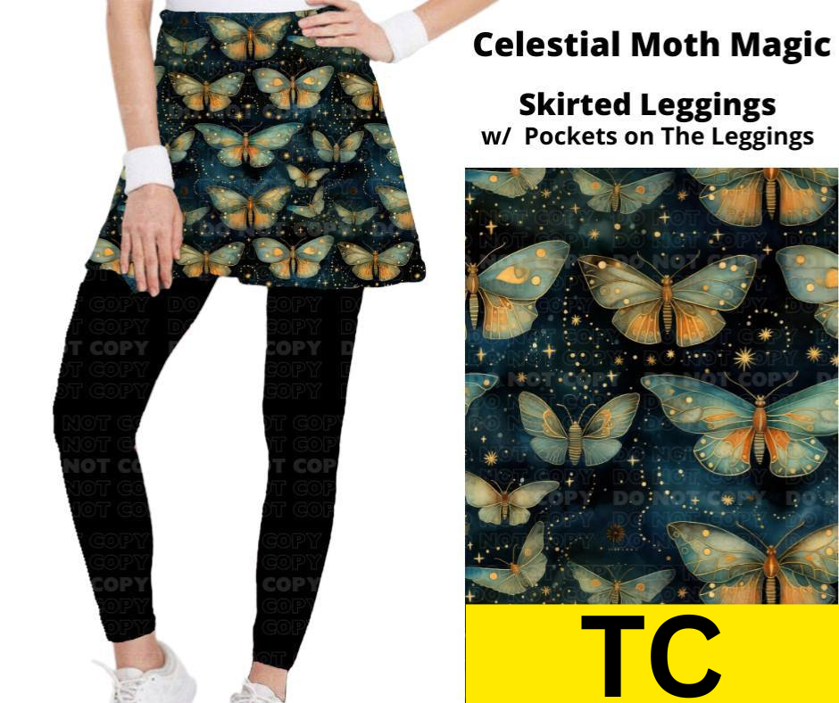 Celestial Moth Magic Skirted Full Length Leggings w/ Pockets