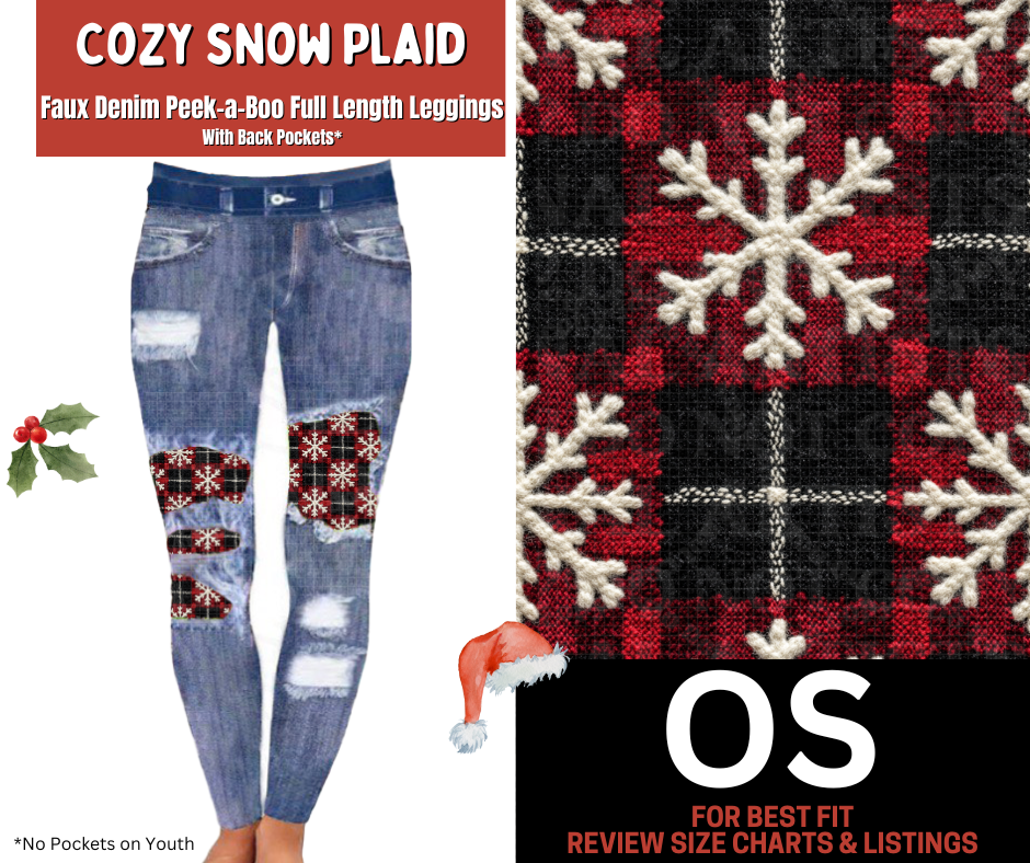 Cozy Snow Plaid Faux Denim Full Length Peekaboo Leggings