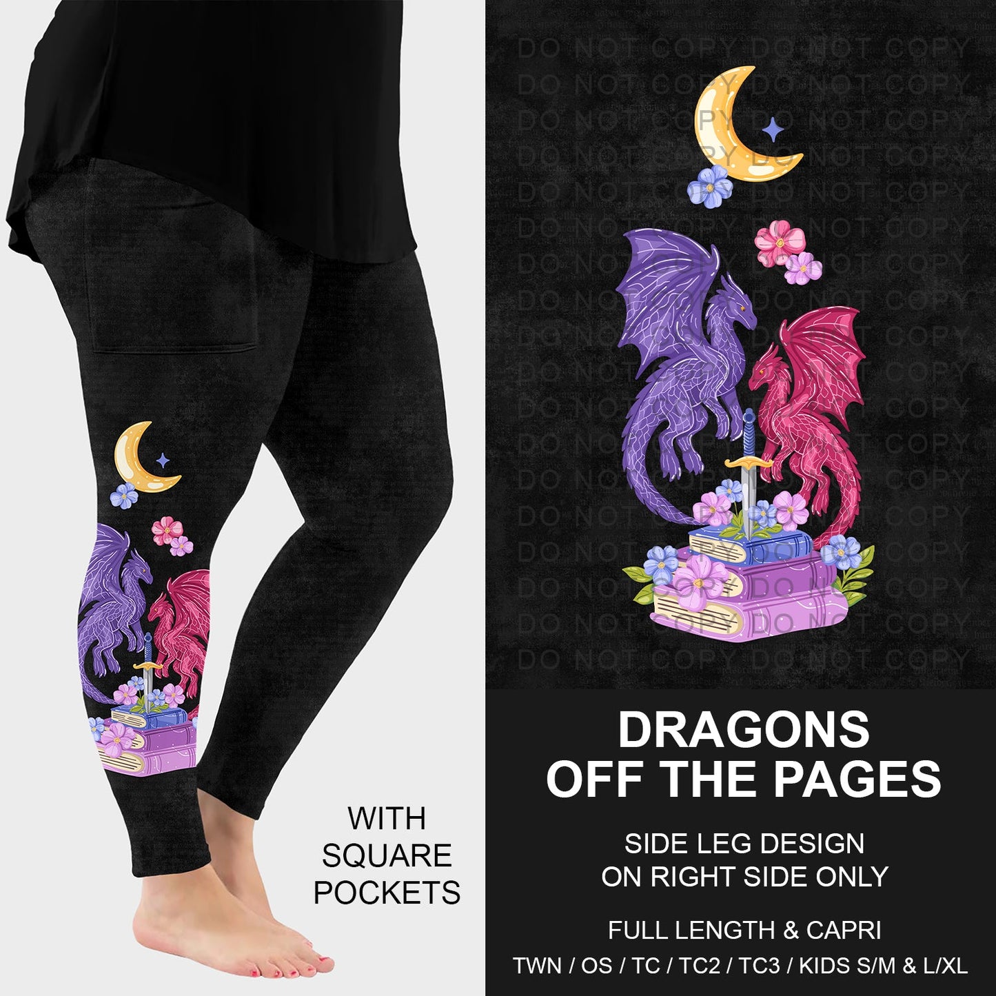 B287 - Preorder Dragons Off the Pages Side Design Leggings w/ Pockets (Closes 4/26. ETA: late June)