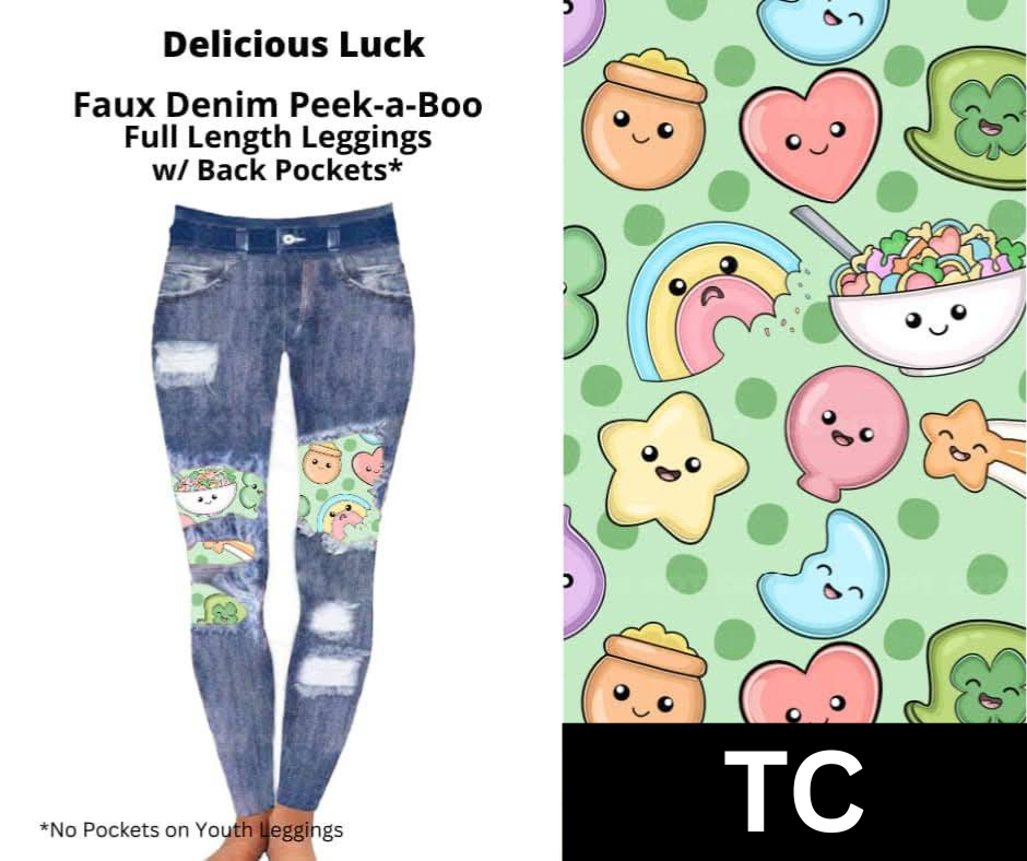 Delicious Luck Faux Denim Full Length Peekaboo Leggings