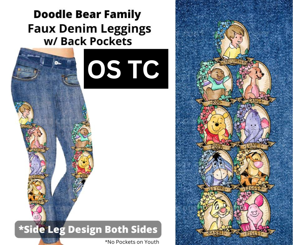 Doodle Bear Family Full Length Faux Denim w/ Side Leg Designs