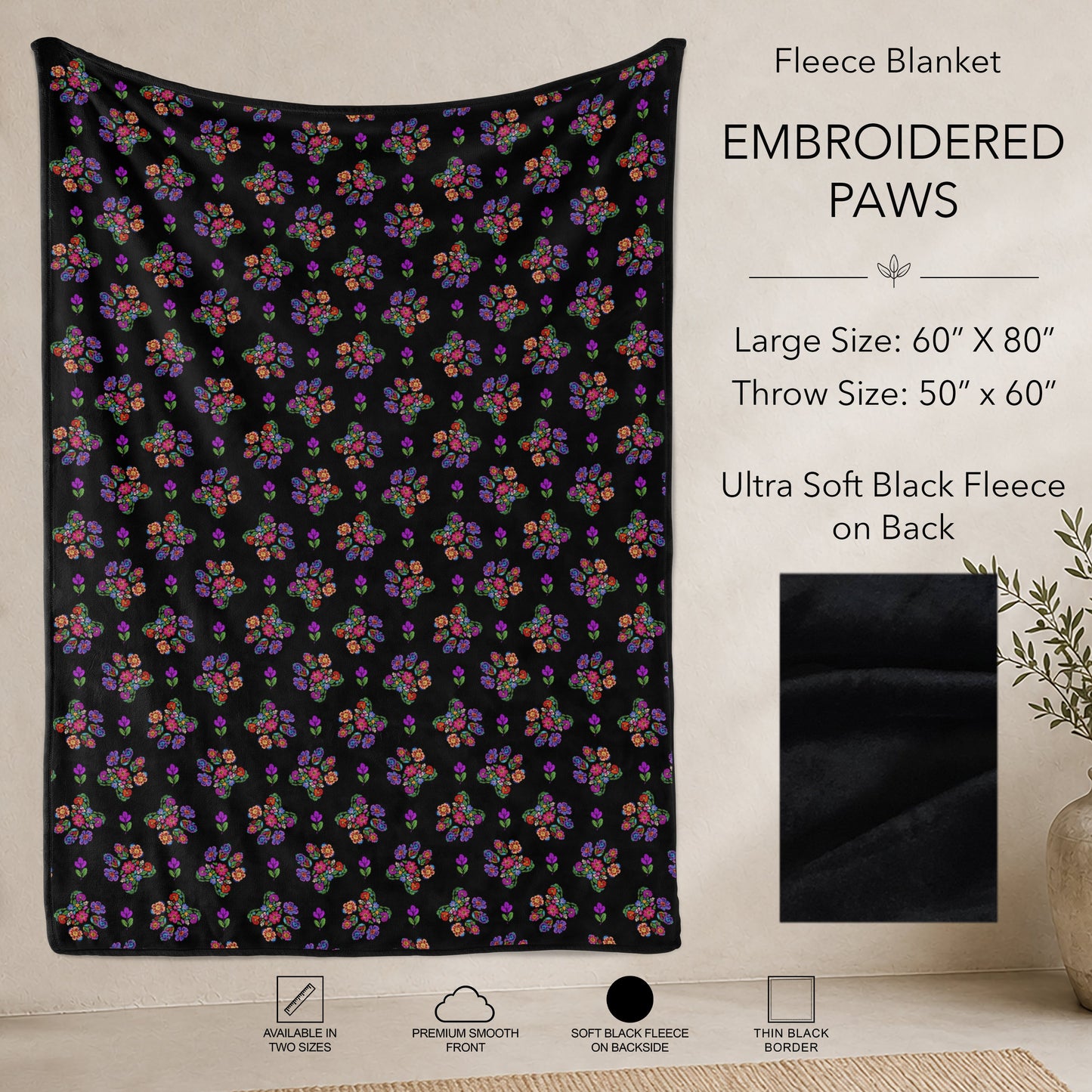 B304 - Pre-Order Embroidered Paws Fleece Blanket (Closes 7/31. ETA: early Oct)