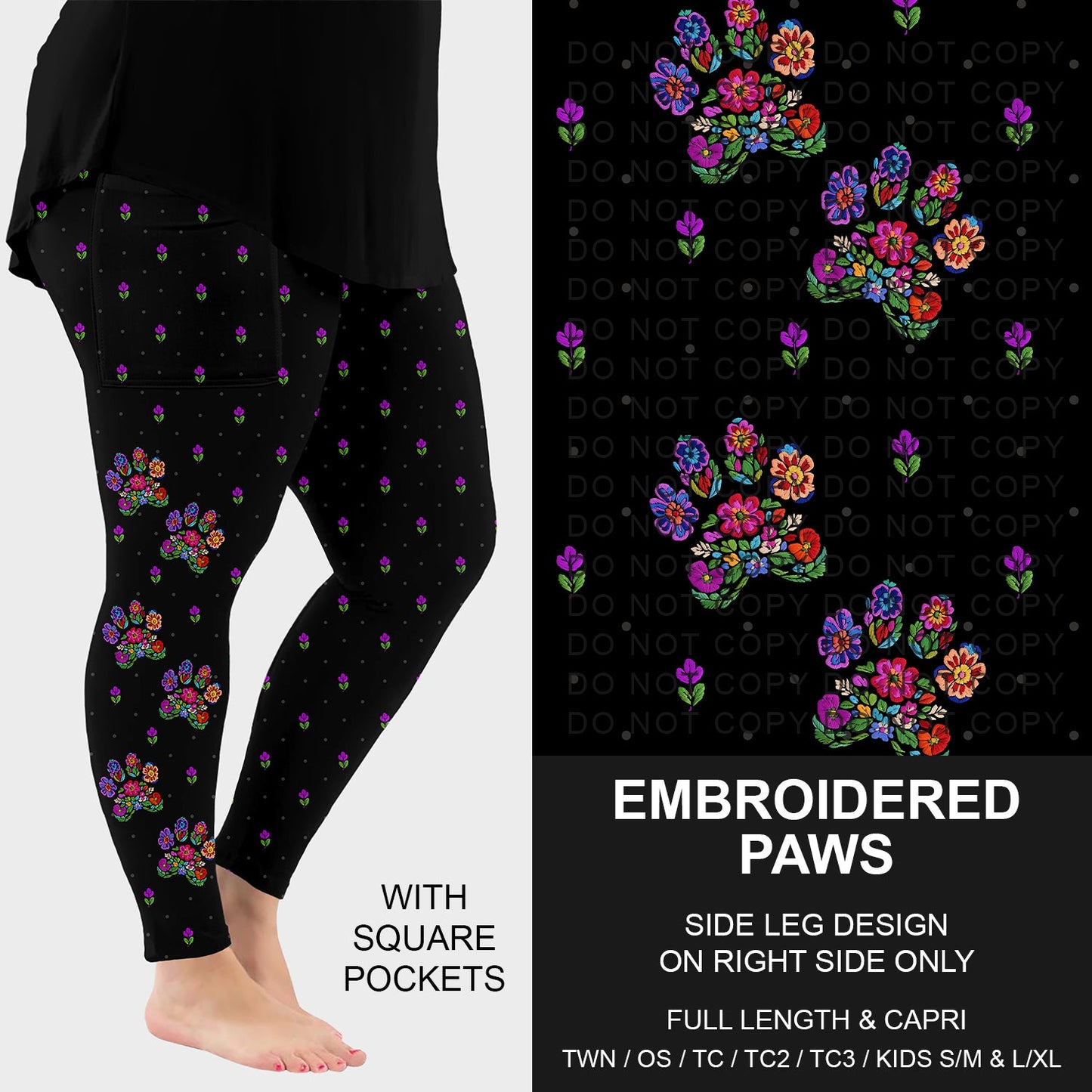 B287 - Preorder Embroidered Paws Side Design Leggings w/ Pockets (Closes 4/26. ETA: late June)