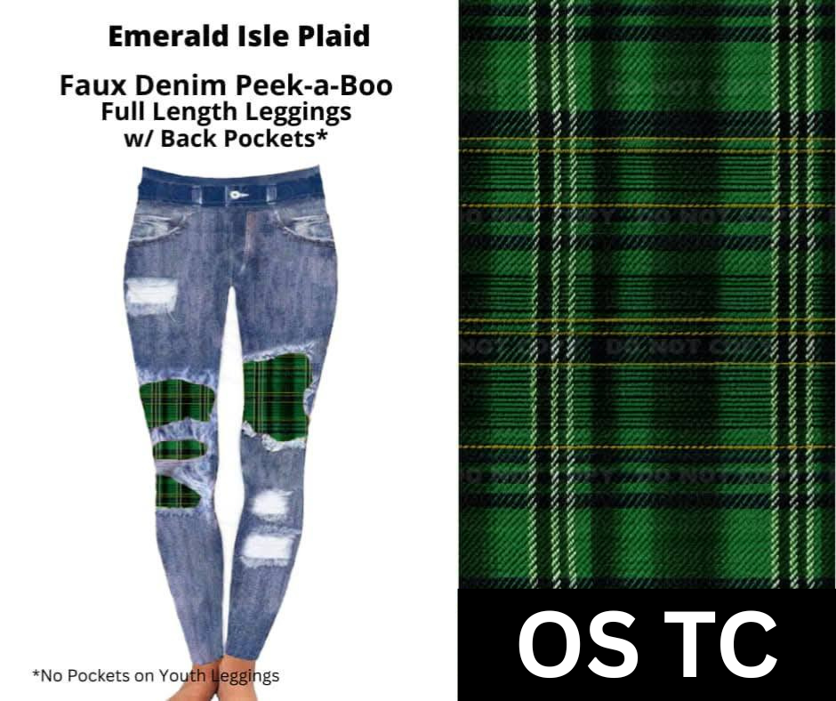 Emerald Isle Plaid Faux Denim Full Length Peekaboo Leggings