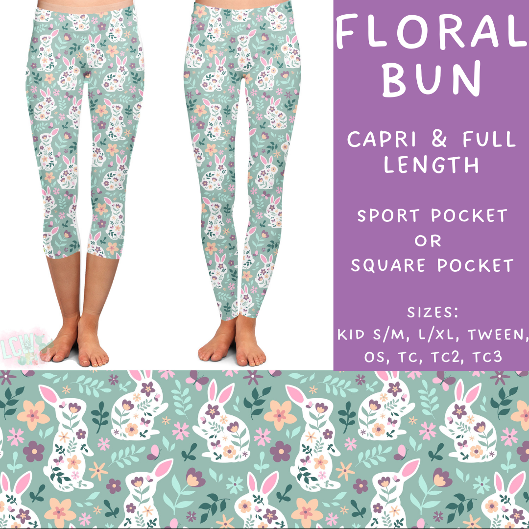Ready To Ship - Floral Bun Full Length Leggings - Sports Pocket OS