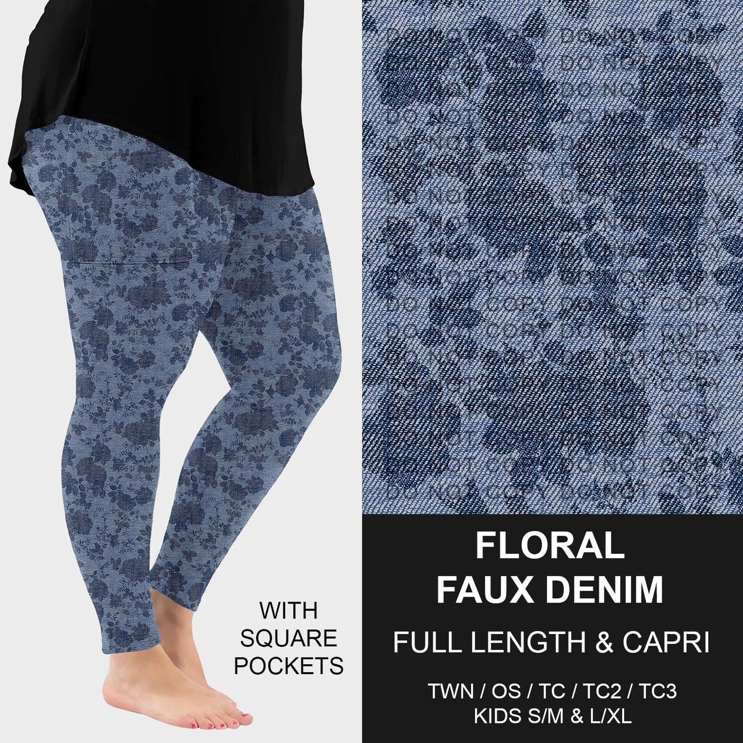 B256 - Preorder Floral Faux Denim Leggings w/ Pockets (Closes 10/19. ETA: late Dec.)
