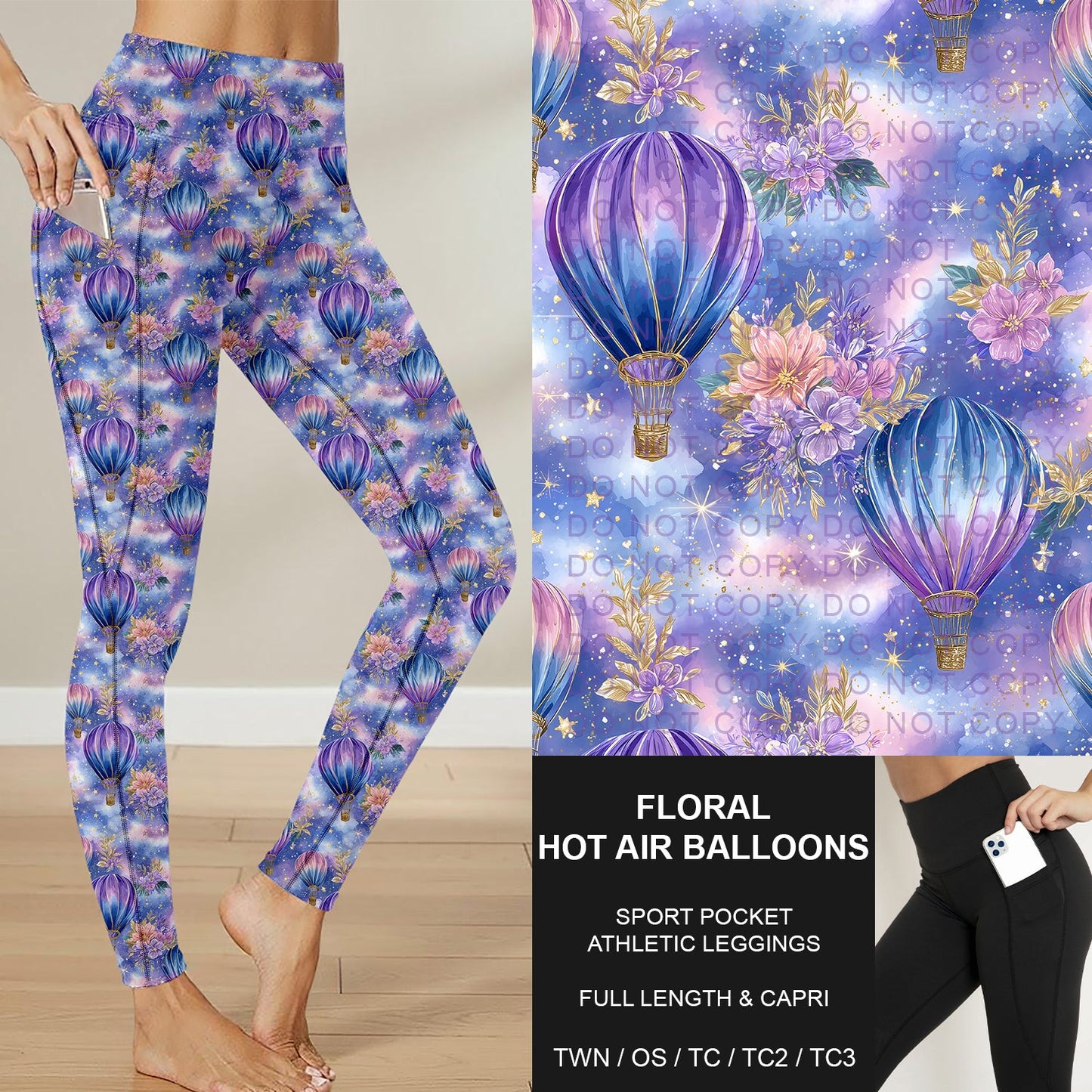 B282 - Preorder Floral Hot Air Balloons Sport Pocket Leggings (Closes 3/29. ETA: early June)