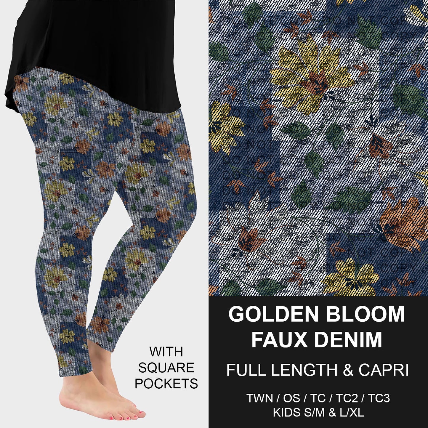 B256 - Preorder Golden Bloom Faux Denim Leggings w/ Pockets (Closes 10/19. ETA: late Dec.)