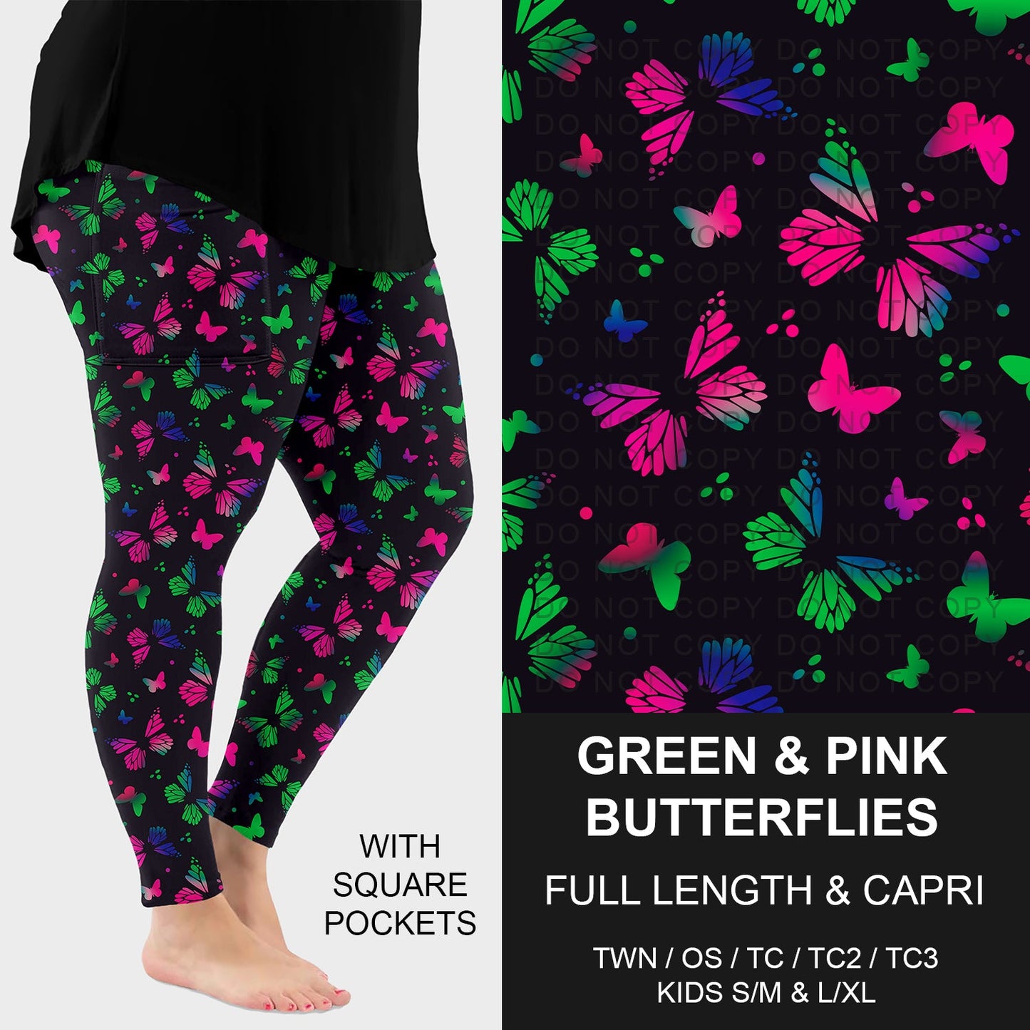 B264 - Preorder Green & Pink Butterflies Leggings w/ Pockets (Closes 12/07. ETA: early Feb.)