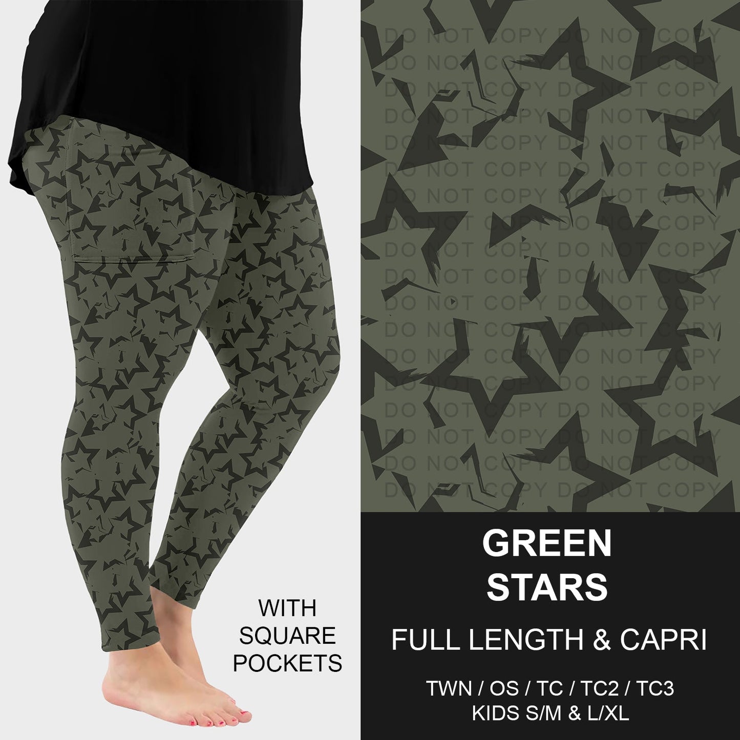 B296 - Preorder Green Stars Leggings w/ Pockets (Closes 6/21. ETA: late Aug.)