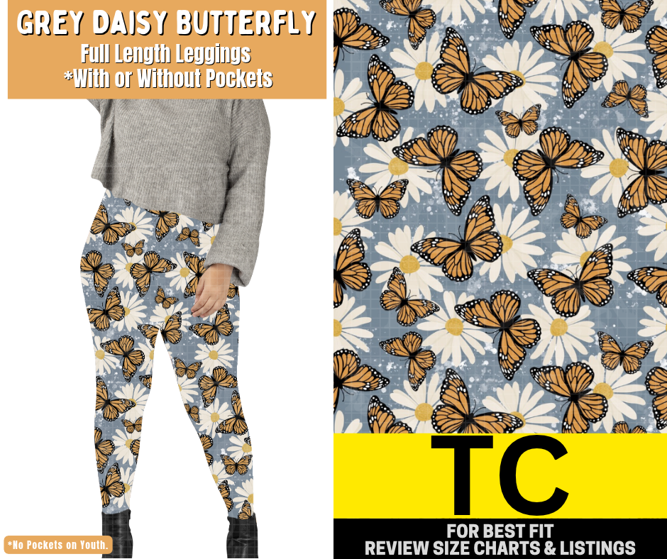 Grey Daisy Butterfly Full Length Leggings w/ Pockets