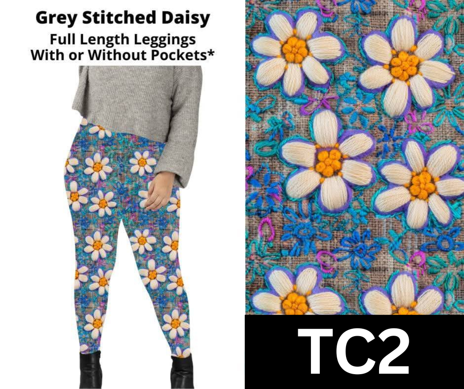 Grey Stitched Daisy Full Length Leggings w/ Pockets