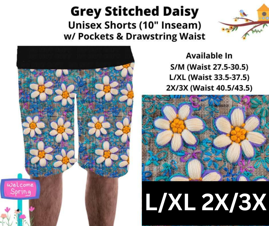 Grey Stitched Daisy Unisex Shorts