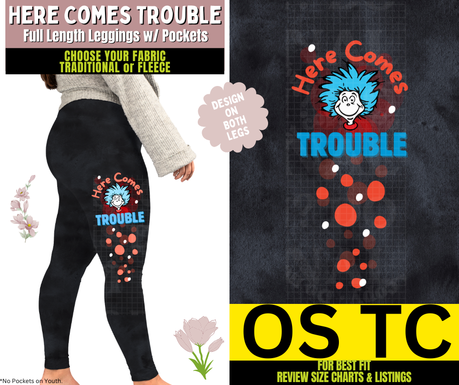 Here Comes Trouble Watercolor Leggings w/ Side Leg Designs Choose Fleece or Traditional
