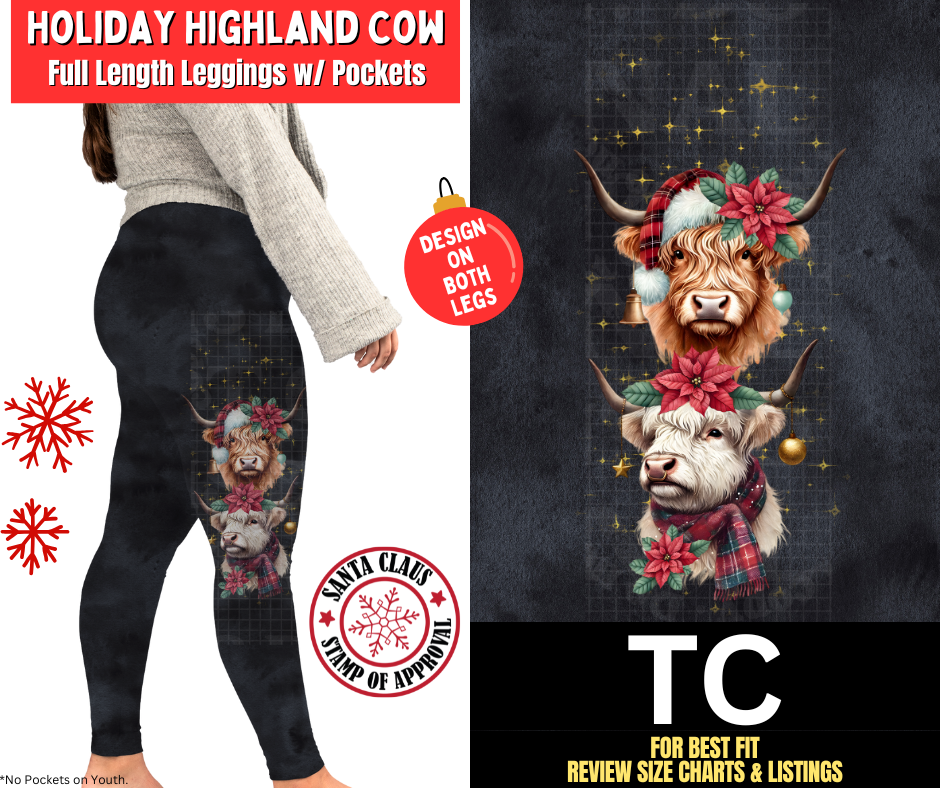 Holiday Highland Cow Watercolor Full Length Leggings w/ Side Leg Designs