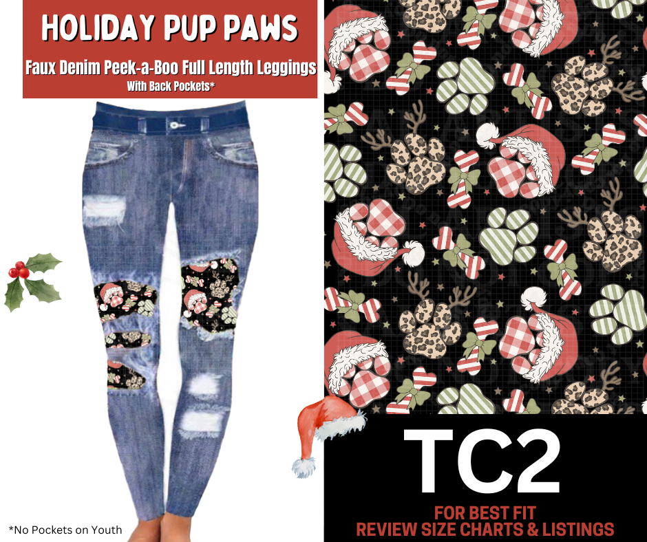 Holiday Pup Paws Faux Denim Full Length Peekaboo Leggings
