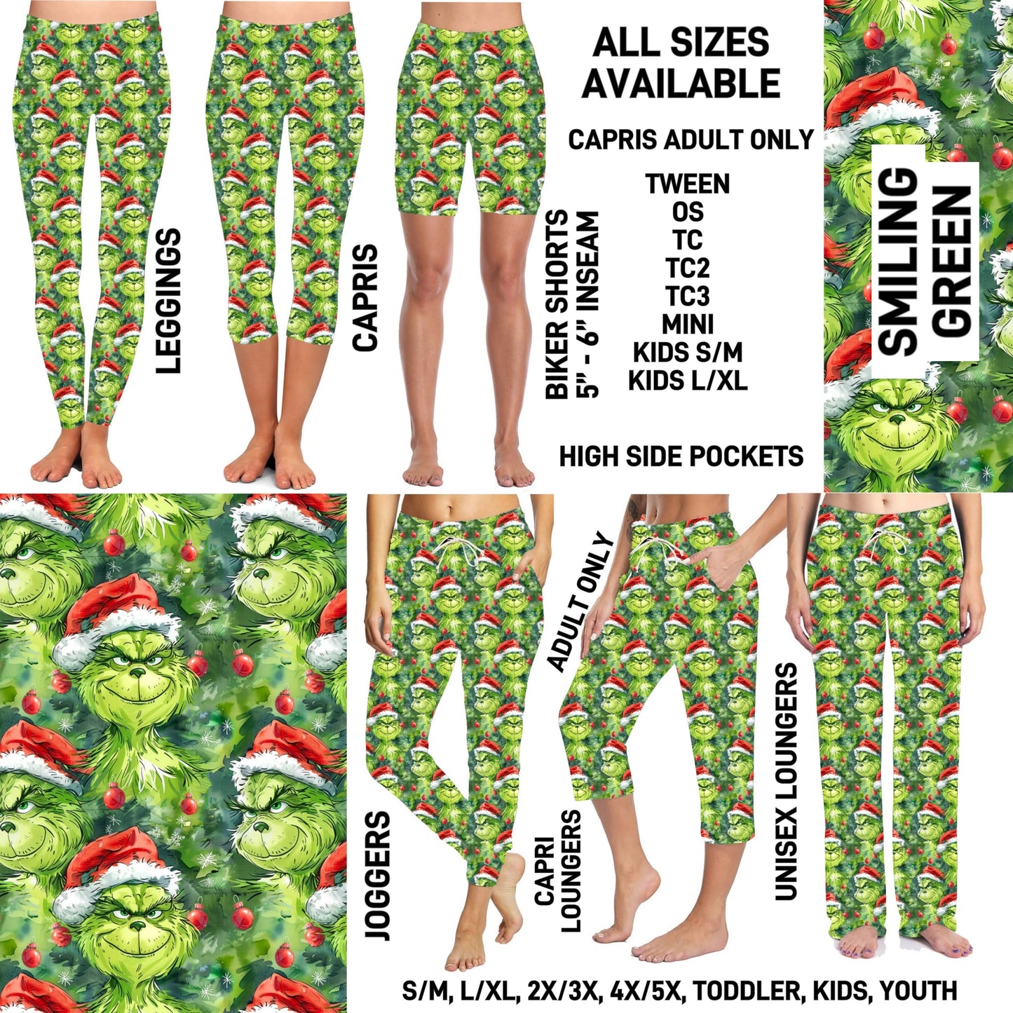 264BT - Smiling Green Biker/Capris/Leggings with High Side Pockets - Preorder ETA: Early Nov