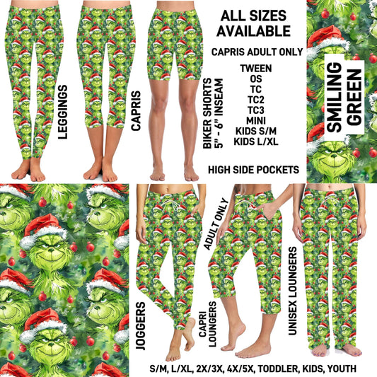 264BT - Smiling Green Biker/Capris/Leggings with High Side Pockets - Preorder ETA: Early Nov