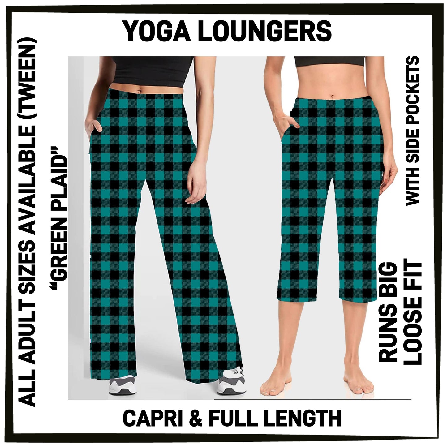YG7L - Green Plaid Full/Capri Yoga Loungers with Pockets - Preorder ETA: Early Nov