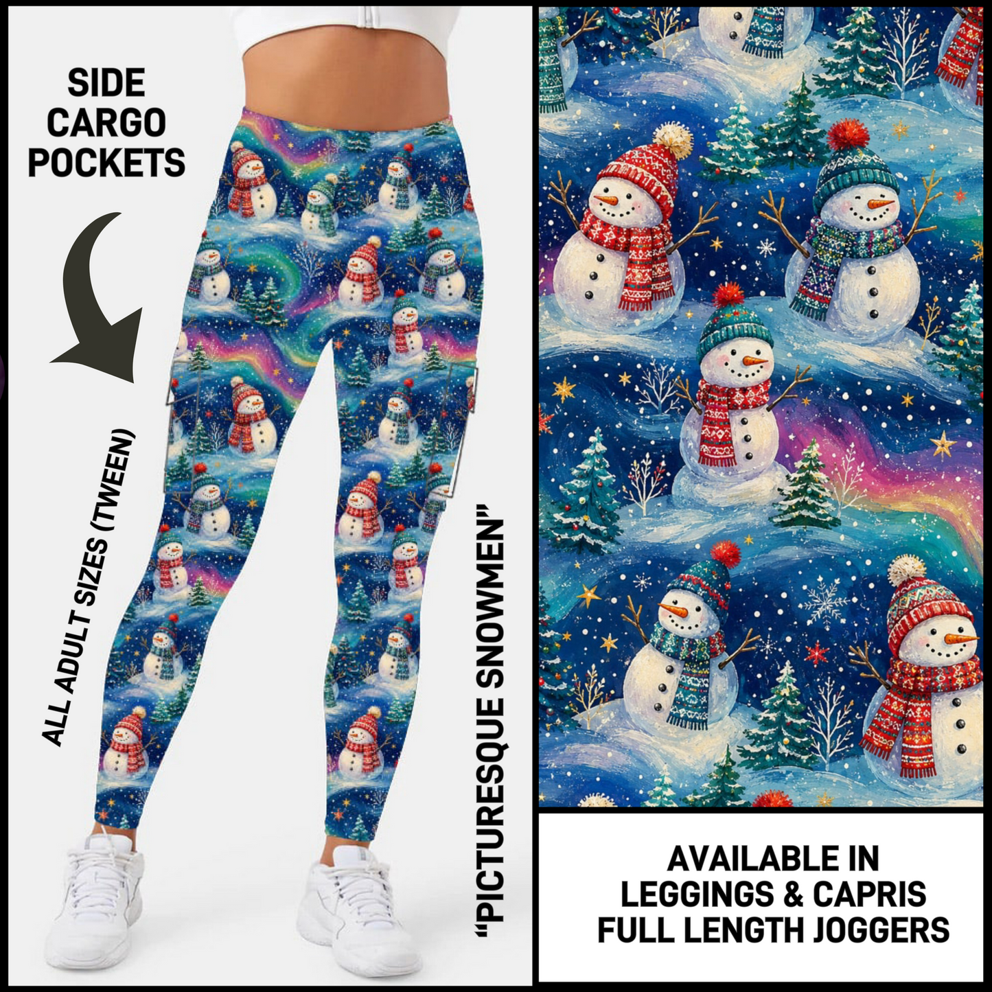 CR2G - Picturesque Snowmen Capris/Leggings/Unisex Joggers with Cargo Pockets - Preorder Closing 8/23 ETA: Mid-Oct