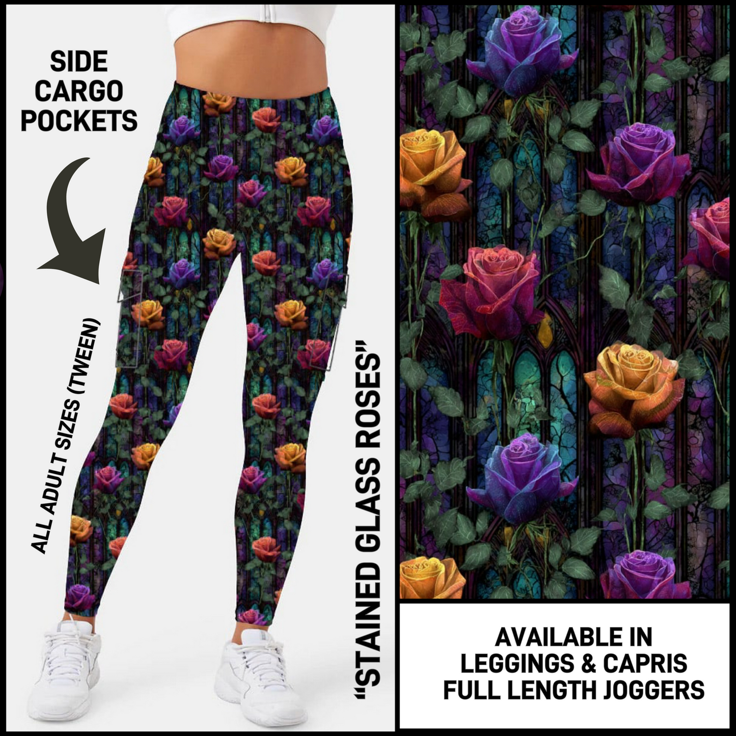 CR2G - Stained Glass Roses Capris/Leggings/Unisex Joggers with Cargo Pockets - Preorder Closing 8/23 ETA: Mid-Oct