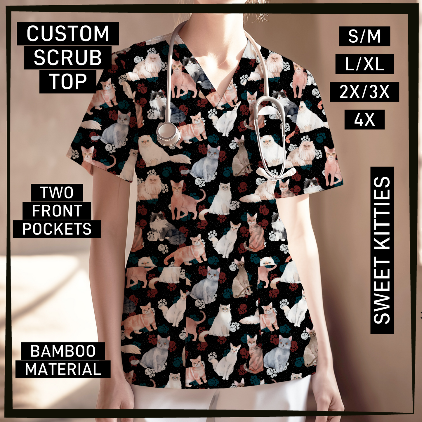 SC0B - Sweet Kitties V-Neck Scrub Top - Preorder Closing 5/26 ETA: Late July