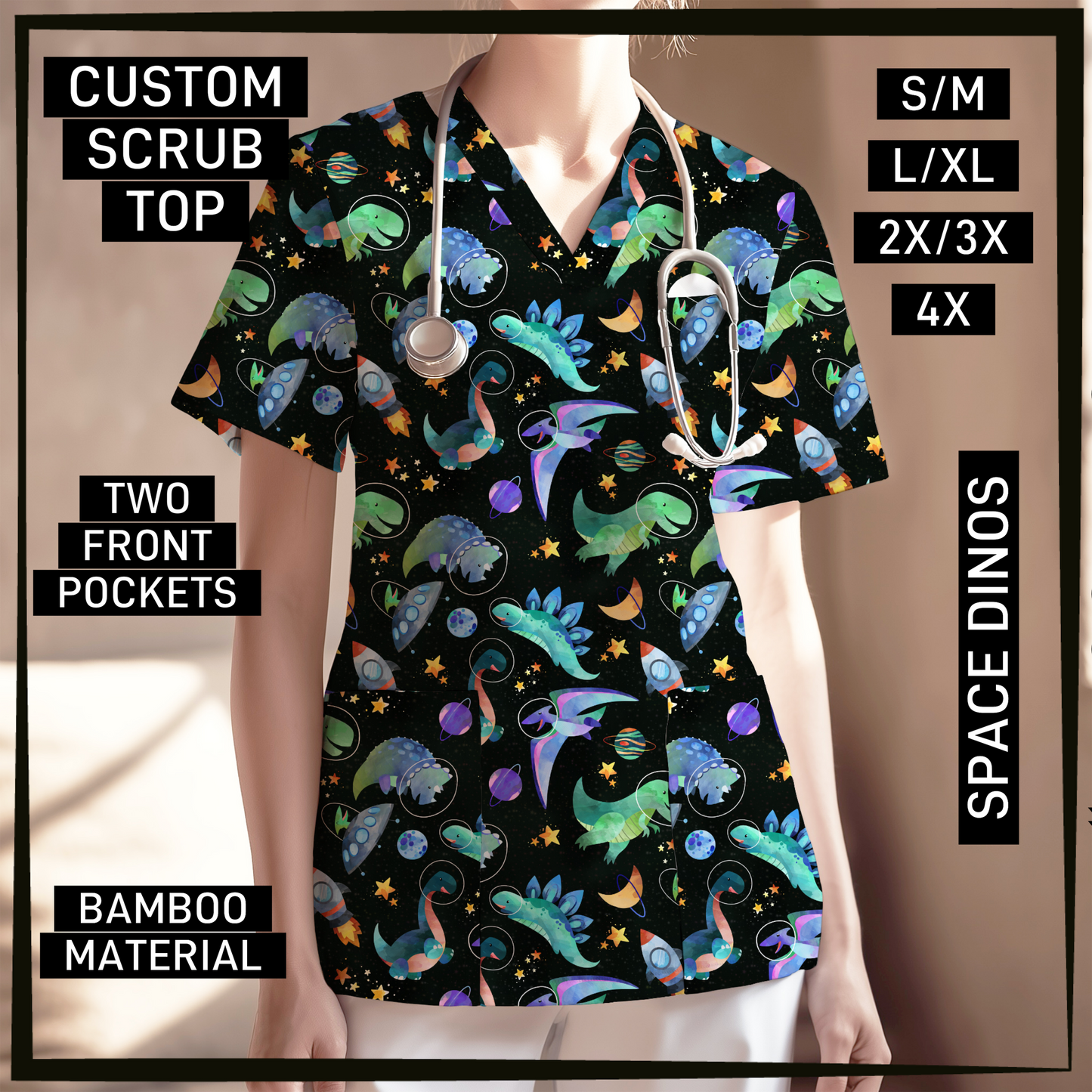 SC0B - Space Dinos V-Neck Scrub Top - Preorder Closing 5/26 ETA: Late July