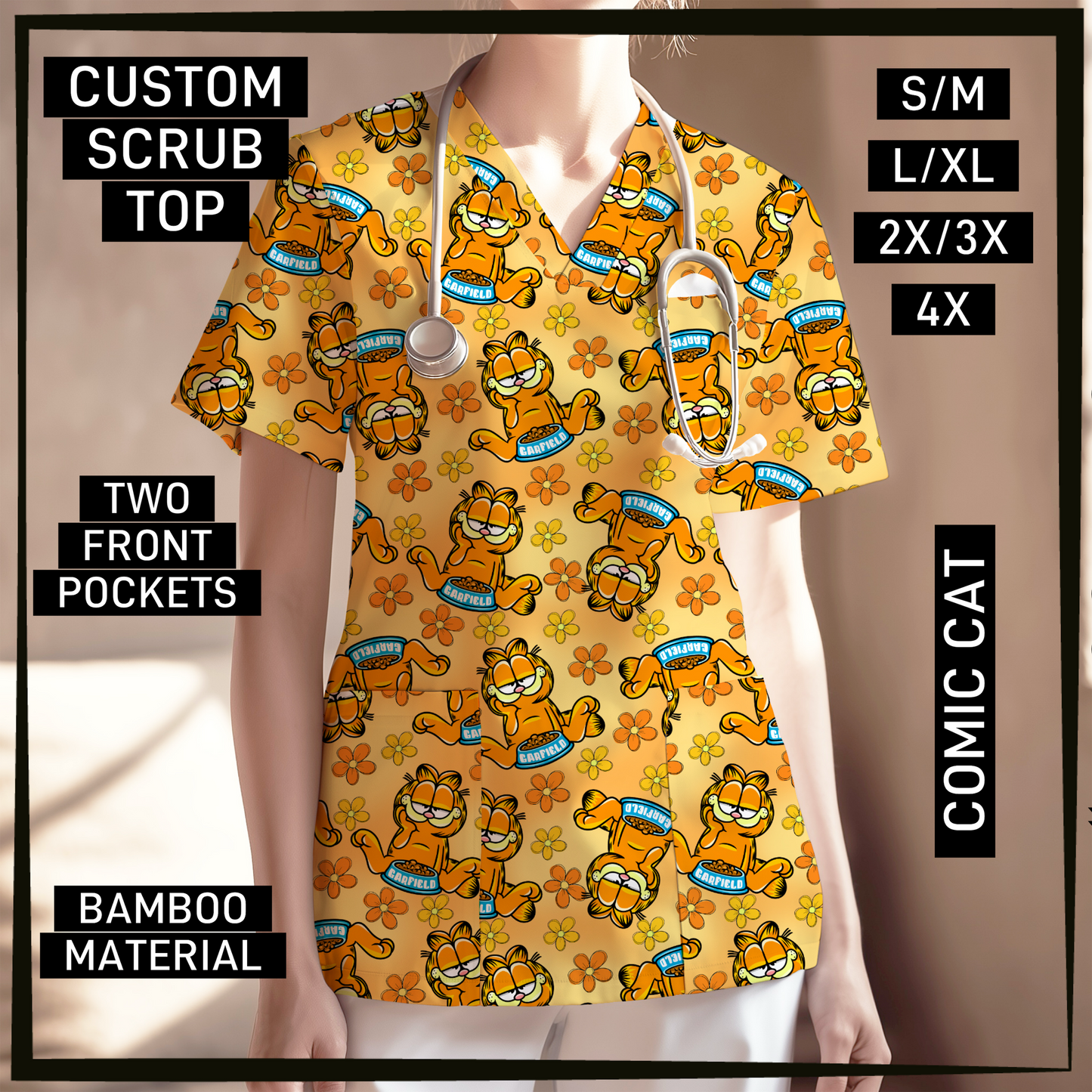 SC0B - Comic Cat V-Neck Scrub Top - Preorder Closing 5/26 ETA: Late July