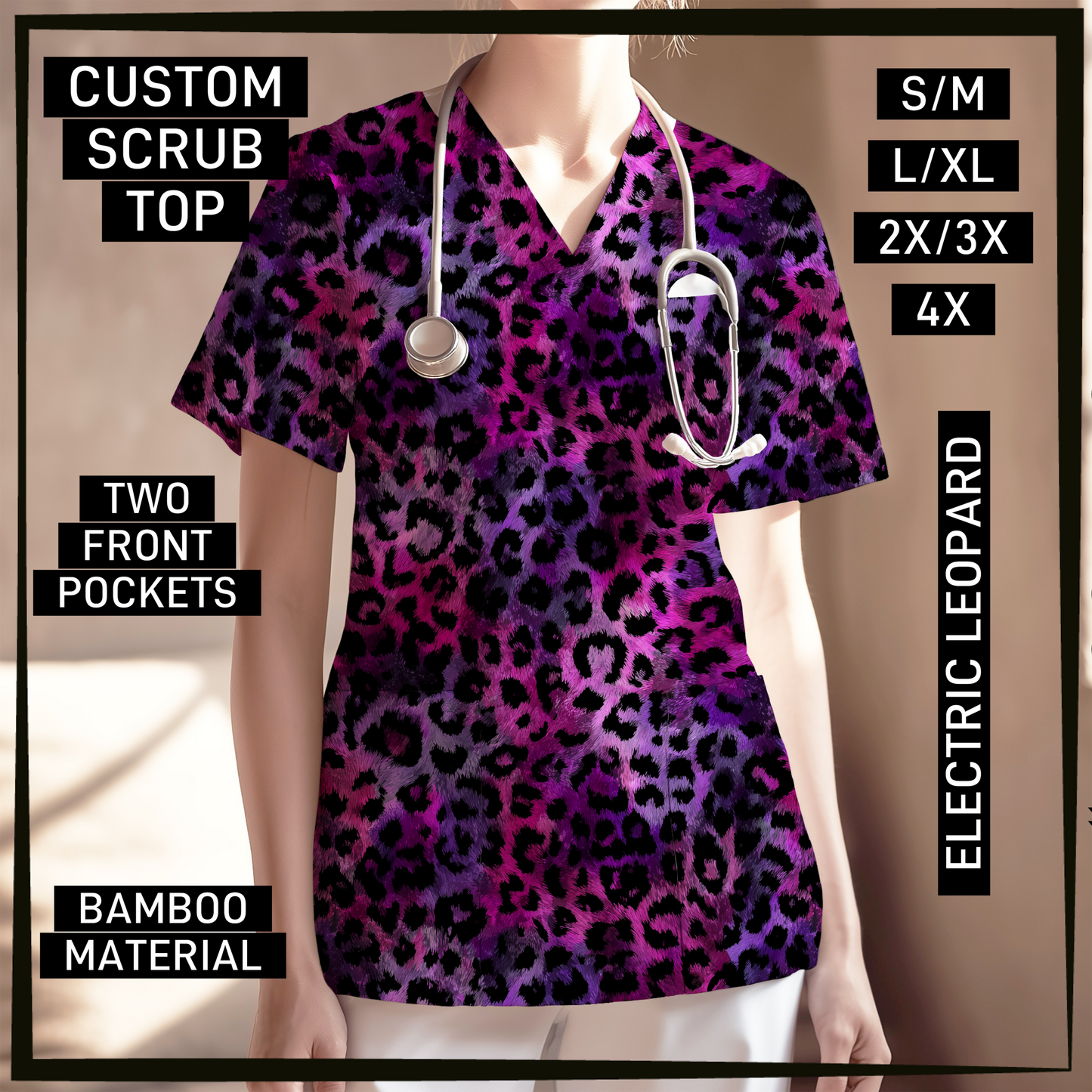 SC0B - Electric Leopard V-Neck Scrub Top - Preorder Closing 5/26 ETA: Late July