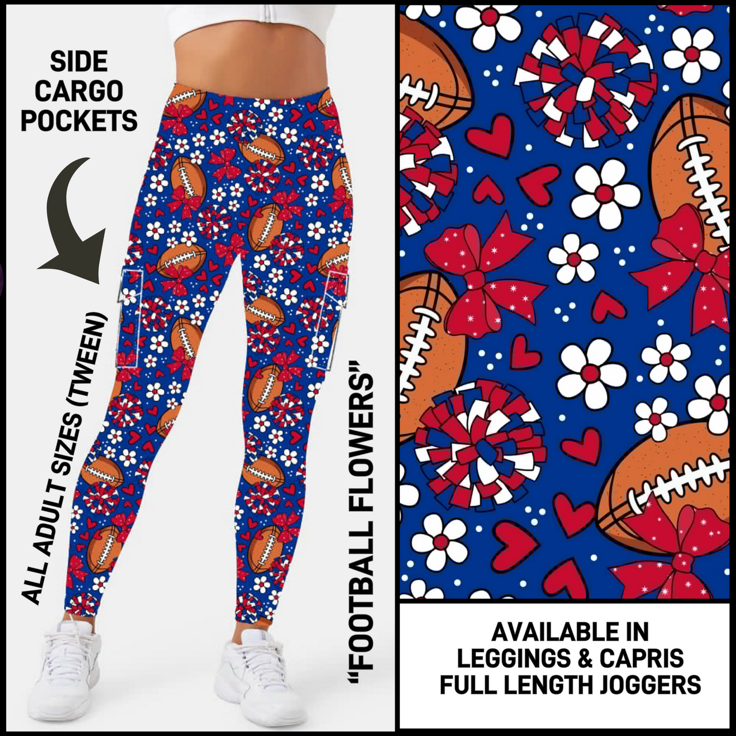 CP3B - Football Flowers Capris/Leggings/Unisex Joggers with Cargo Pockets - Preorder Closing 5/31 ETA: Early July