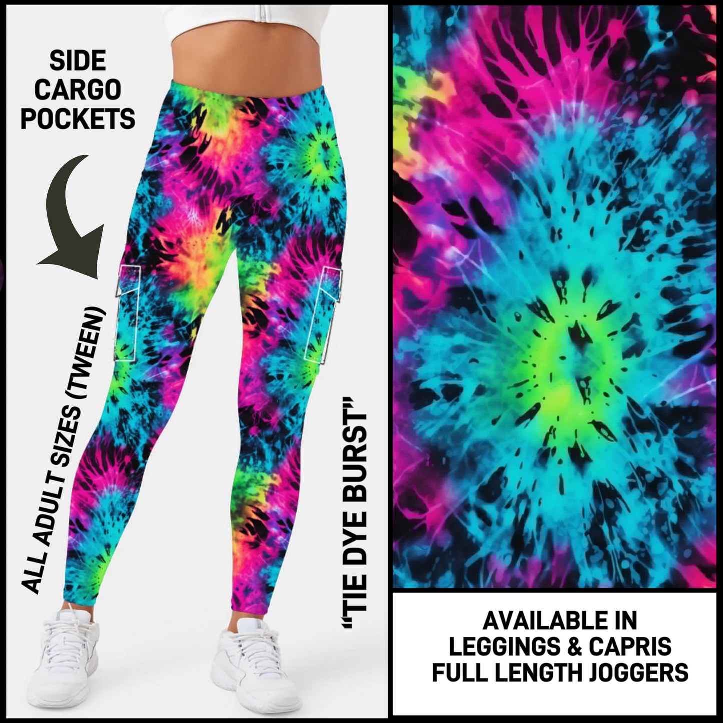 CP3B - Tie Dye Burst Capris/Leggings/Unisex Joggers with Cargo Pockets - Preorder Closing 5/31 ETA: Early July